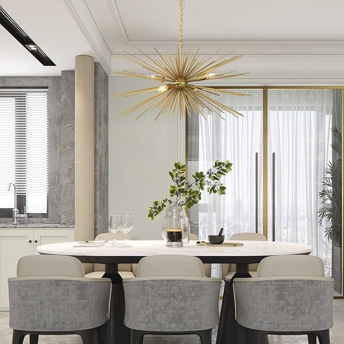 31in Modern Gold Sputnik Chandelier 4-Light Mid-Century Starburst Chandelier Light Fixture Over Table Large Satellite Chandeliers for Dining Room Foyer Entryway Kitchen Bedroom Living Room E12