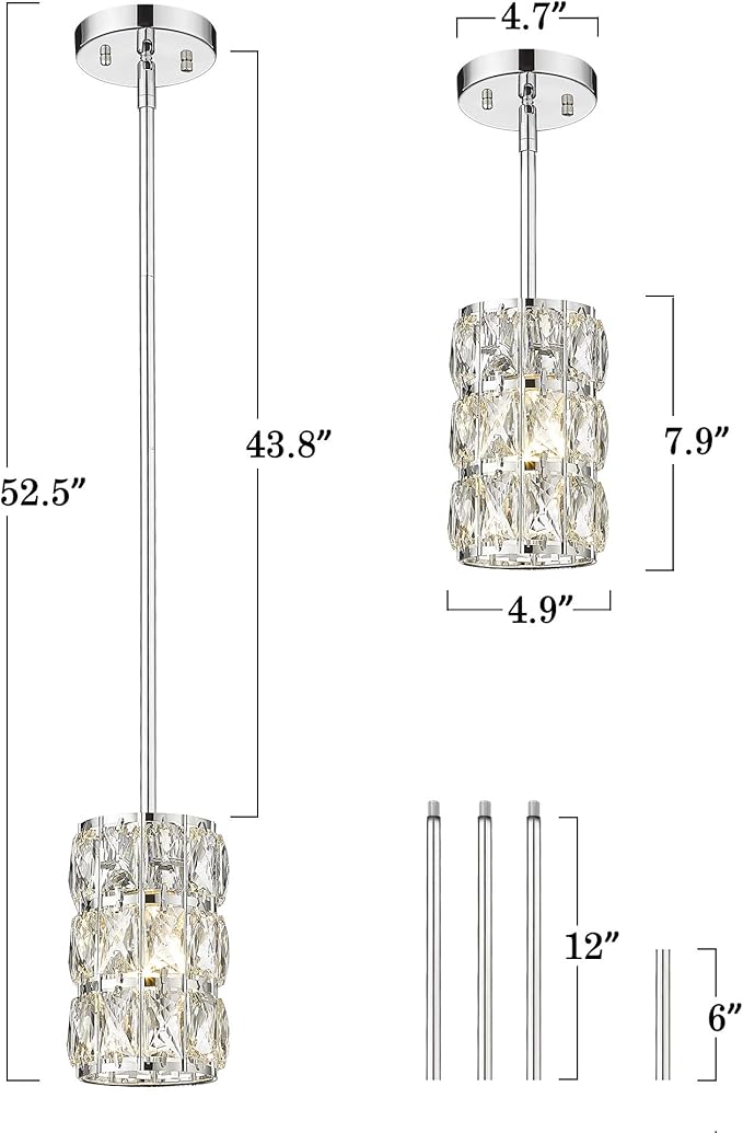CALDION Mini Crystal Pendant Light Kitchen Island, 1-Light Moden Pendant Light Fixtures, Adjustable Rods Pendant Lighting for Dining Room Bedroom Bar Cofe Bedroom Chrome Finish, 6869PL-CH