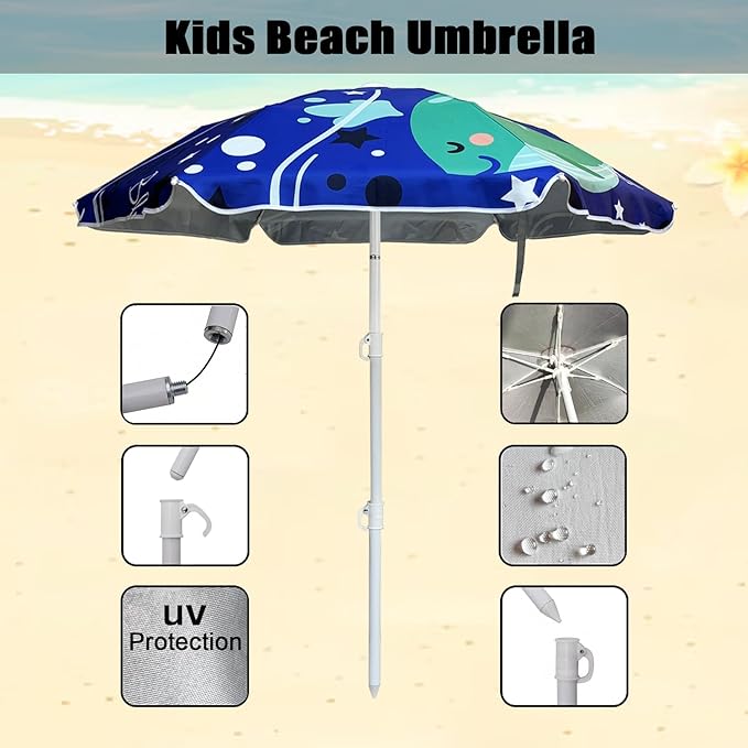 LOTTAFUN Water Table Umbrella Kid 5ft Beach Umbrella - Heavy Duty Wind Resistant UV 50+ Portable Sun Shade with Sand Anchor & Carry Bag, Outdoor Folding Umbrella for Beach,Pool,Patio,Garden (Dophin)