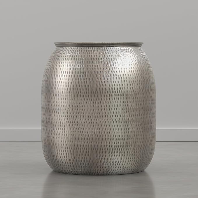 SIMPLIHOME Griffen Metal Storage Accent Table - 19 inch Wide Solid Metal Round Drum Side Table in Antique Nickel, Industrial End Table for Living Room with Hidden Storage Space, Assembled