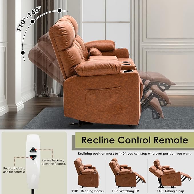 Power Reclining Loveseat with Console, Power Loveseat Recliner Sofa with Heat and Massage, Extending Footrest, RV Recliner Sofa with Lumbar Support, Side Pocket for Living Room
