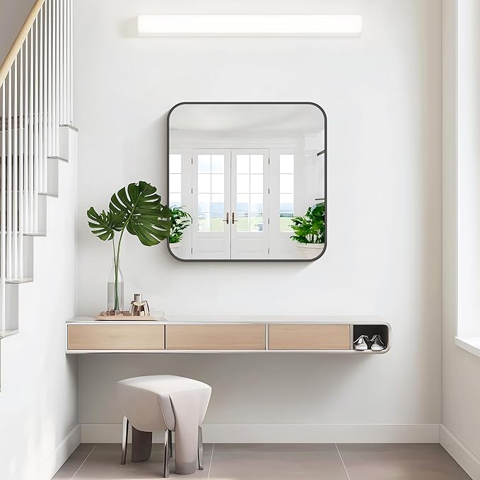 KOCUUY Bathroom Mirror 30"x30", Black Square Mirrors for Over Sink, Modern Vanity Mirror with Rounded Corner Metal Frame, Shatterproof Designed Wall Mirror for Bedroom, Living Room, Entryway