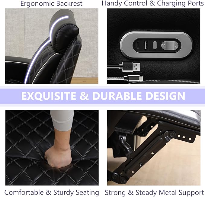 Power Recliner Sofa Couch, Living Room Furniture Sets, Breathing Leather Reclining Couch with Cup Holders/Charging/LED, 3 Seat Black Recliner Sofa with 2 Reclining Seat for Home Theater/Office