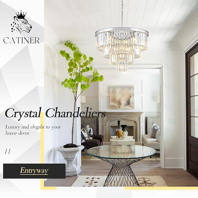Modern Chrome Crystal Chandeliers 24” Luxury Chandeliers 4-Tier 12 Lights K9 Crystal Round Ceiling Pendant Light Fixture Contemporary for Living Dining Room Foyer Staircase Bedroom