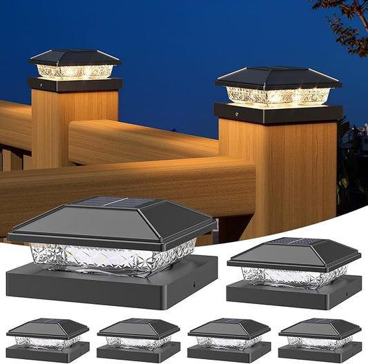 NIORSUN Solar Post Lights Outdoor, Fence Post Solar Lights Warm White, Waterproof, Garden Patio Fence Deck Decor, 4x4 Posts Cap Wood Vinyl, Black 6 Pack