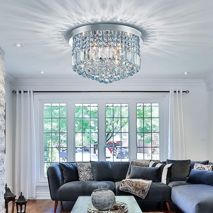 Saint Mossi 9 Light Modern K9 Crystal Chandelier Lighting, Flush Mount, Perfect for Dining Room, Bathroom, Bedroom, E12 Bulb Base; Height 11" x Diameter 20"; Lake Blue Crystal & Chrome Finish
