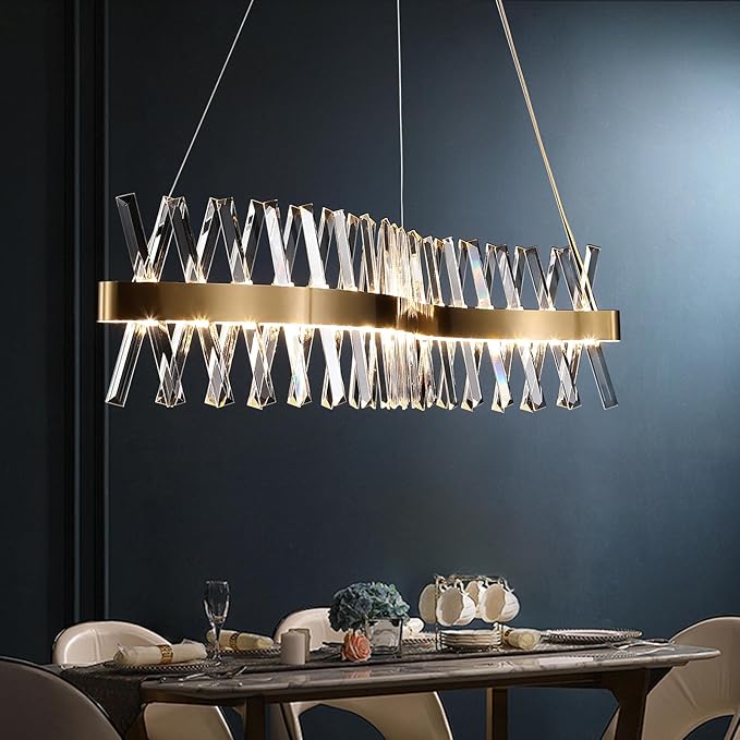 Gold Crystal Chandelier Modern LED Ceiling Pendant Light Fixture 40” Modern Linear Flush Mount Hanging Light for Dining Room Kitchen Island Bedroom, Brushed Finish Warm White 3000K UL Listed