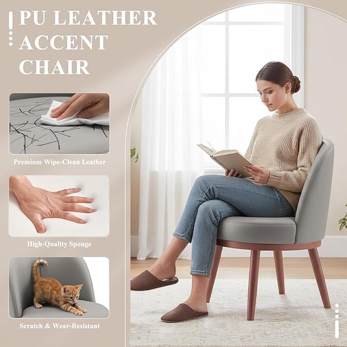 Accent Chair Set of 2, PU Leather Mid-Century Modern Chair for Small Space, Comfy Upholstered Armless Chair, for Living Room, Bedroom, Light Gray