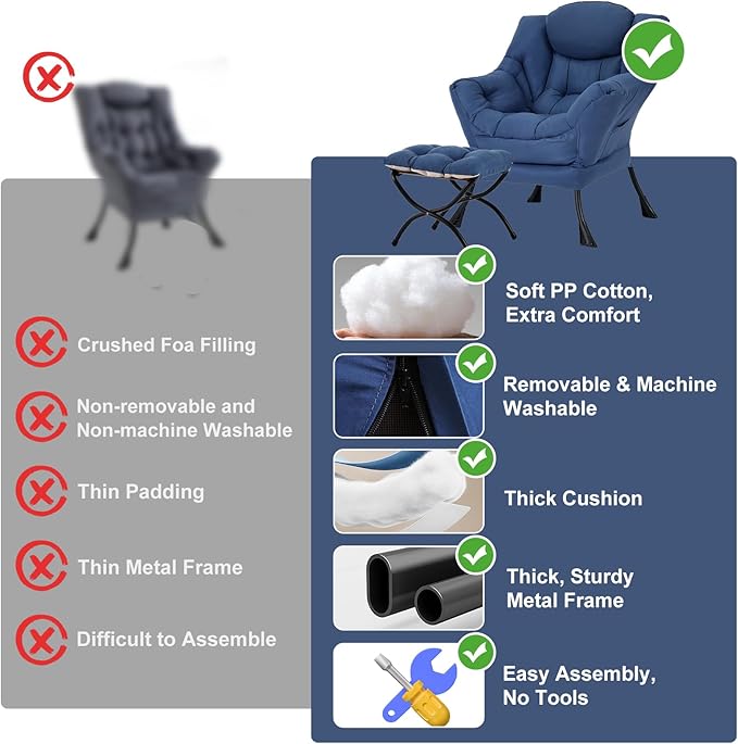 Lazy Chair with Ottoman, Modern Accent Chair with Folding Footrest, Royal Blue Sofa Chair Set, Comfortable Reading Chairs, Oversized Armchairs for Bedroom, Study, Living Room, Courtyard