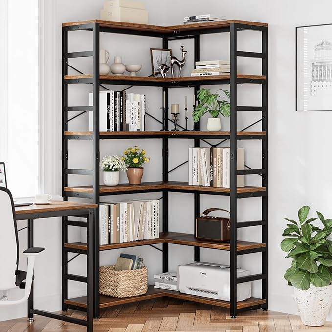 NUMENN 6 Tier Corner Bookshelf, Modern Corner Bookcase, Large Open Shelf Bookcase, Tall Bookshelves Storage Display Rack for Bedroom, Living Room and Home Office, Vintage