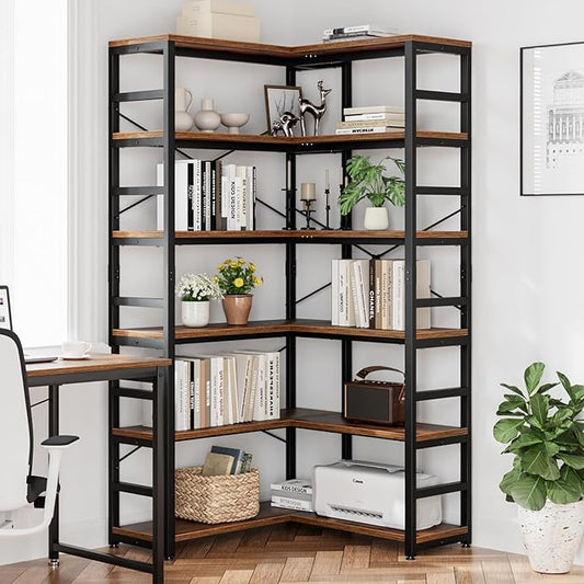 NUMENN 6 Tier Corner Bookshelf, Modern Corner Bookcase, Large Open Shelf Bookcase, Tall Bookshelves Storage Display Rack for Bedroom, Living Room and Home Office, Vintage
