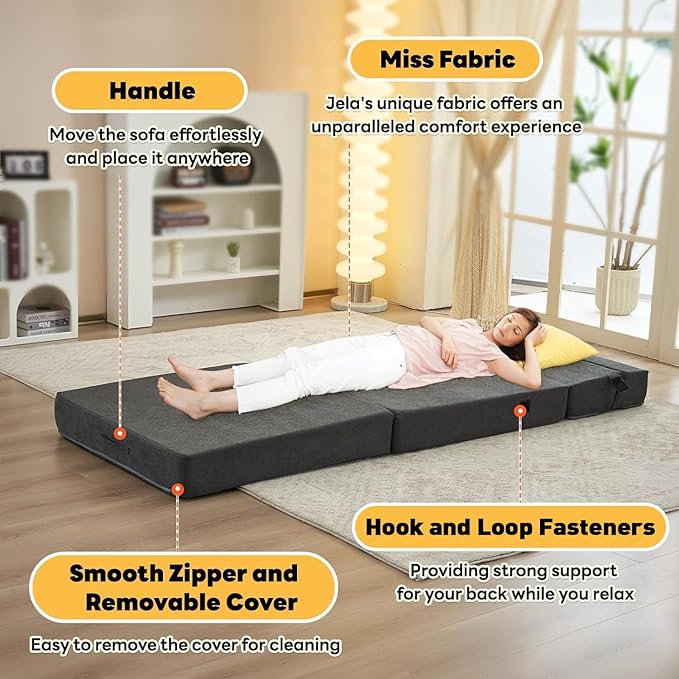 jela Foldable Sofa Bed Large Soft Foam Convertible Sleeper Chair Luxury Miss Fabric Fold Out Chair Bed Floor Couch with Back Support Floor Sofa for Living Room Bedroom (83"x33",Dark Gray) | breathable material