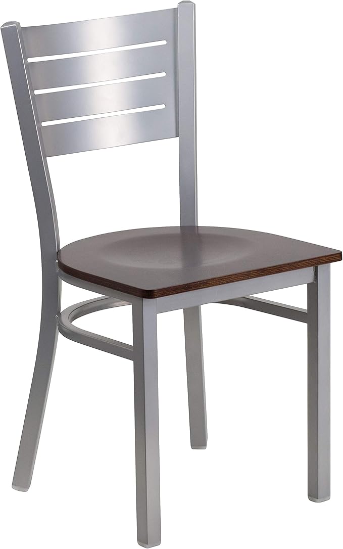 Flash Furniture HERCULES Series Silver Slat Back Metal Restaurant Chair - Walnut Wood Seat