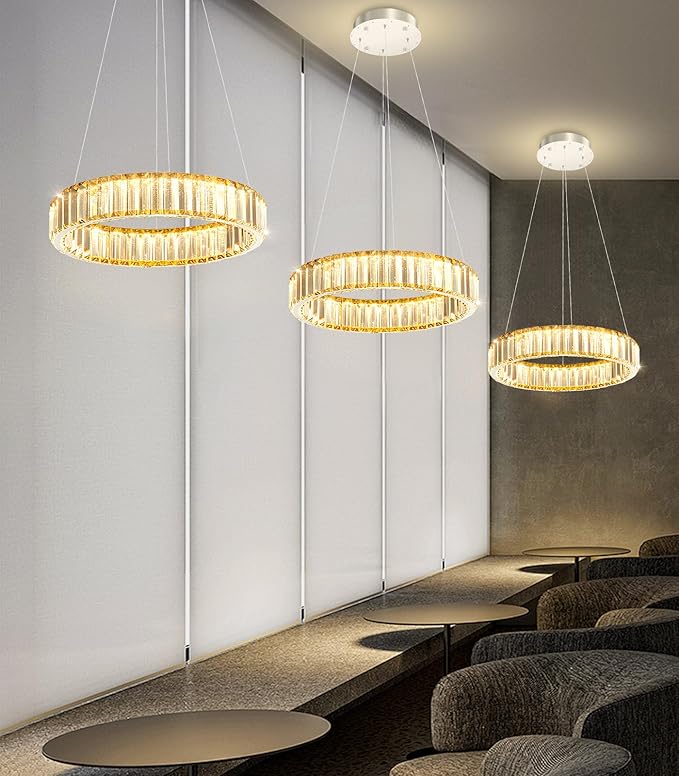 8'' Modern Ring Chandelier Crystal Chandeliers for Dining Room Round LED Dimmable Ceiling Light Fixture for Living Room Bedroom Lighting Silver