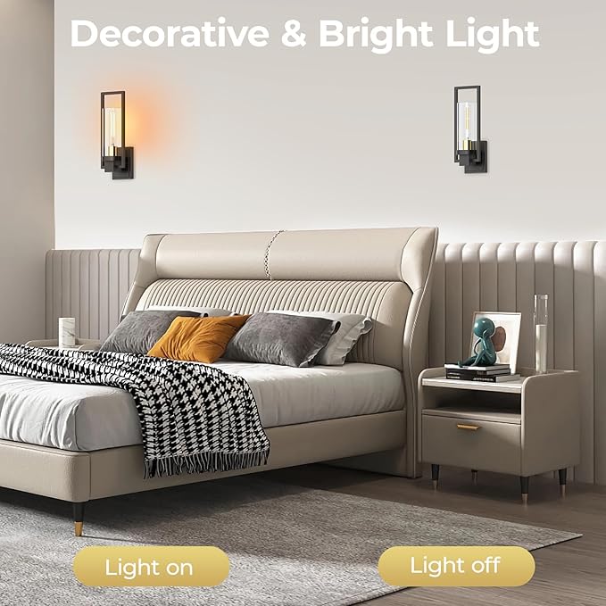 CINOTON Black and Gold Wall Sconces Set of 2, 15" Matte Black Wall Mounted Lamp, Hardwired AC 120V Wall Sconces Vintage Vanity Light Fixtures with Clear Glass, Wall Lights for Living Room, Bedroom