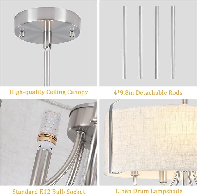5-Light Modern Drum Chandelier for Dining Room 18" Farmhouse Pendant Light with Linen Lampshade – Brushed Nickel Chandelier for Kitchen Island, Living Room, Bedroom, Entryway & Foyer