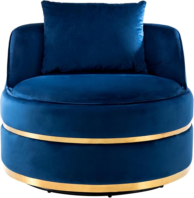 Merax 360° Swivel Accent Chair 32.6" Velvet Modern Upholstered Barrel Chair Comfy Soft Round Reading Sofa Chair with Seat Cushion for Living Room, Bedroom, Office, Apartment (Blue)