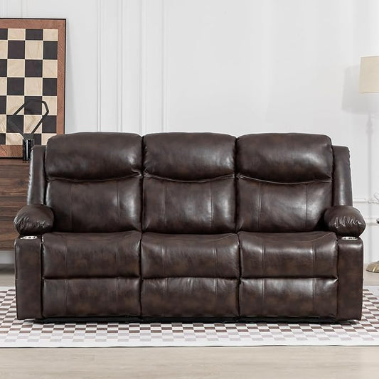 Manual Reclining Sofa - 3 Seat Recliner Sofa with Heat & Massage Function, Wall-Hugger Reclining Sofa for Living Room (Brown) | Side Pocket, Cup Holder
