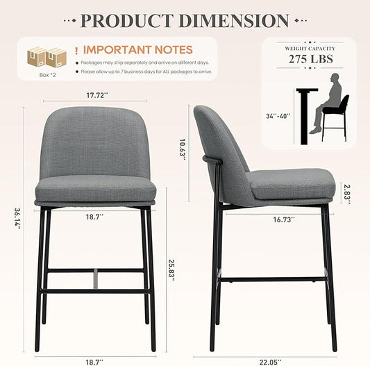 Bar Stools Set of 4, Modern Upholstered Counter Height Bar Chairs with Cushioned Seat and Curved Back, Fabric Kitchen Island Stools with Sturdy Metal Legs for Dining Room Island Bar, Dark Grey