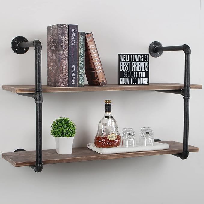 MBQQ Industrial Pipe Shelving Wall Mounted,36in Rustic Metal Floating Shelves,Steampunk Real Wood Book Shelves,Wall Shelf Unit Bookshelf Hanging Wall Shelves,Farmhouse Kitchen Bar Shelving(2 Tier)