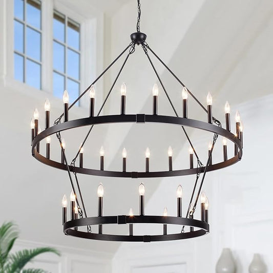 47'' Black Wagon Wheel Chandelier 2 Tier 36-Light Large Round Farmhouse Chandelier, Industrial Pendant Light Fixtures for High Ceilings Dining Living Room Entryway Foyer