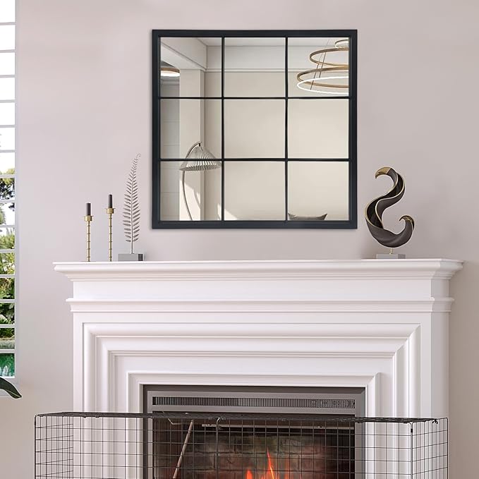 Black Window Mirror 27"X27",Gird Decor Minimalism Wall Mounted Mirrors for Entryway,Hallway,Living Room,Fireplace