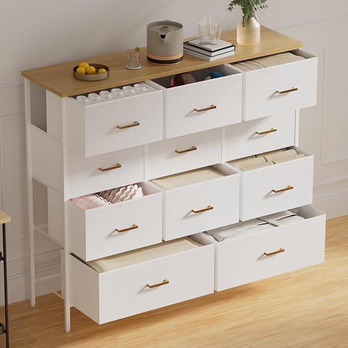 Wide TV Stand Modern TV Console, 11 Drawers Tall Dresser for Bedroom, Fabric Storage Cabinet, Chest of Drawers for Closet, Nursery, Living Room（White）