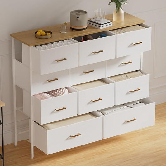 Wide TV Stand Modern TV Console, 11 Drawers Tall Dresser for Bedroom, Fabric Storage Cabinet, Chest of Drawers for Closet, Nursery, Living Room（White）