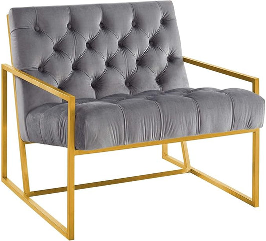 Modway Bequest Performance Velvet Upholstered Accent Lounge Arm Chair with Gold Stainless Steel Frame in Gray