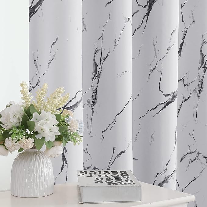 H.VERSAILTEX 100% Blackout Curtains 96 inch Length 2 Panels Set Marble Designs Printed Drapes Thermal Curtains for Bedroom with Black Liner Sound Proof Curtains, Grey
