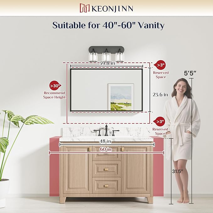 Keonjinn 40 x 24 Inch Brushed Nickel Bathroom Mirrors for Over Sink, Beveled Rectangle Framed Mirrors for Wall, Farmhouse Bathroom Vanity Mirror, Tempered Glass, Square Corner