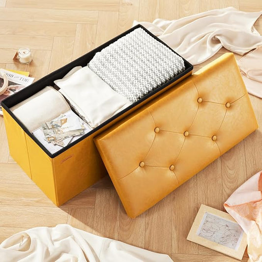 HAUSFRAU - Storage Ottoman Bench, 30 Inches Button Tufted Upholstered Ottoman Footstool with Storage for Living Room Bedroom Entryway, Load 660 lb, Synthetic Leather, Gold Brown