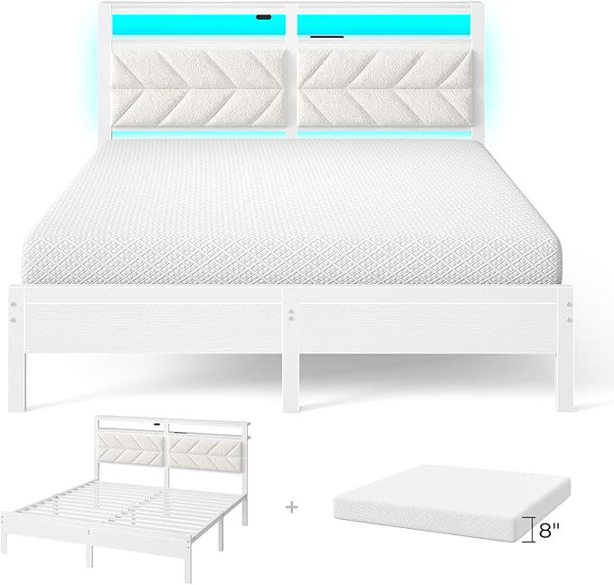 Seventable Bed Frame Queen Size with Charging Station, LED Bed with Upholstered Storage Headboard - 8 Inch Gel Memory Foam Mattress, Fiberglass Free, Breathable & Pressure Relief