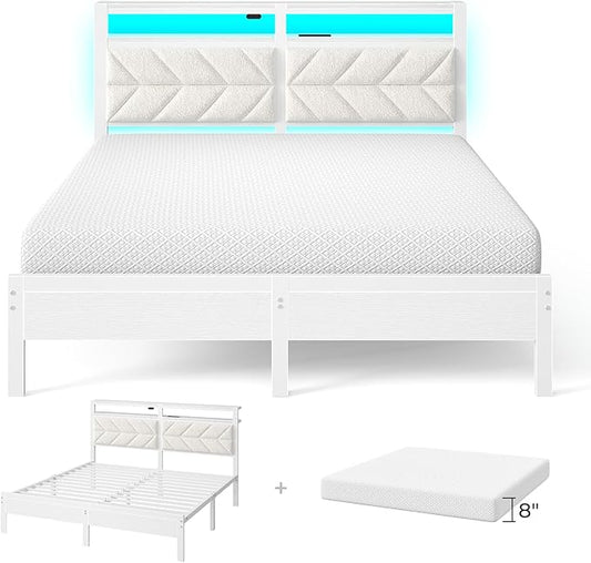 Seventable Bed Frame Full Size with Charging Station, LED Bed with Upholstered Storage Headboard - 8 Inch Gel Memory Foam Mattress, Fiberglass Free, Breathable & Pressure Relief