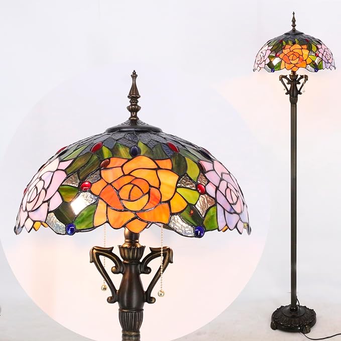 Tiffany Floor Lamp Orange Red Rose Flowers Stained Glass Standing Reading Light 16X16X66 Inches Antique Pole Corner Lamp Decor Bedroom Living Room