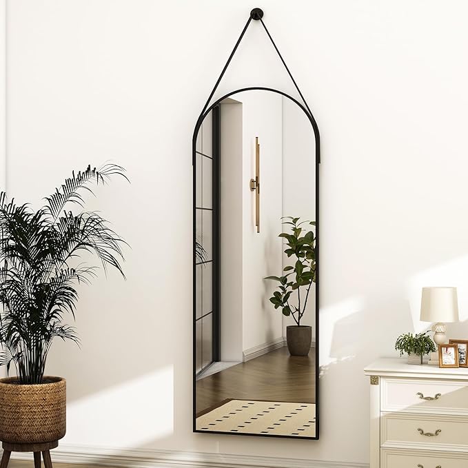 HARRITPURE 16"x48"Arched Mirror with Hanging Leather Strap Full Length Mirror Aluminum Frame Wall-Mounted Arch Hanging Mirrors for Bathroom Vanity Living Room Bedroom Entryway Decor