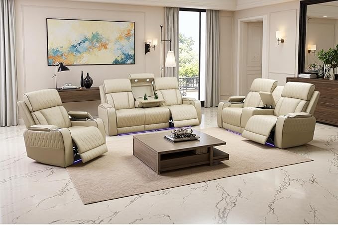 A Ainehome Power Recliner Sofa Sets with LED Lights, Recliner Couch Leather Sectional Couches for Living Room, Reclining Sofa and loveseat with Storage Console (Living Room Set, Khaki)