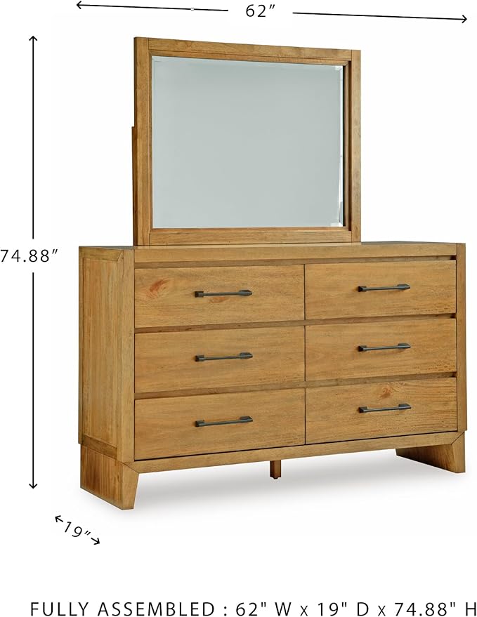 Signature Design by Ashley Sherbana Casual 6-Drawer Dresser and Mirror with Safety Stop and Felt-Lined Top Drawer, Light Brown