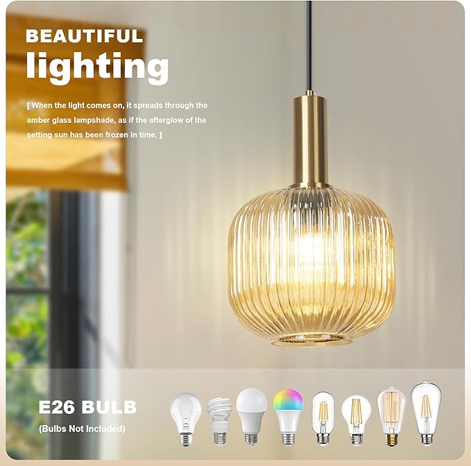 Amber Plug in Pendant Light Fixtures Mid Century Modern Hanging Lights with Plug in Cord Gold Pendant Light Plug in Vintage Glass Hanging Lamps for Living Room Bedroom Kitchen Dining Room