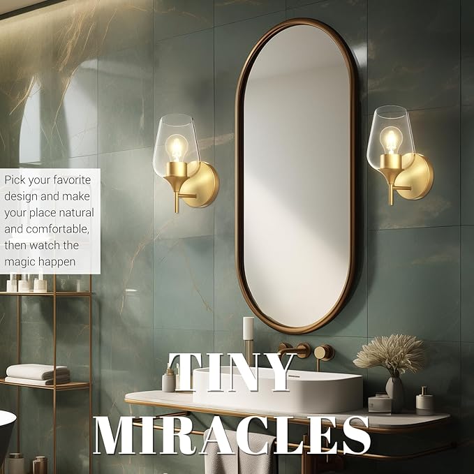 Hamilyeah Gold Sconces Wall Lighting Set of 2, Bathroom Wall Lighting Fixtures Brass, Modern and Vintage Wall Lights with Clear Champagne Glass Shade for Bedroom,Fireplace,Hallway,Kitchen