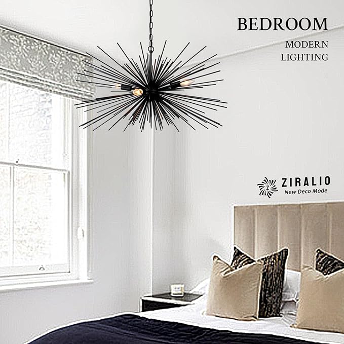 31“ Black Sputnik Chandelier Vintage 4-Lights Geometric Starburst Chandelier Light Fixture Modern Solid Metal Sputnik Chandeliers for Dining Room, Kitchen Island, Bedroom, Living Room, E12