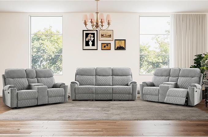 HAOMARKETS 3-Piece Power Recliner Sofa Set with Charging Port, Include 2 2-Seater Loveseat Reclining Couches with Hidden Storage and Cup Holders and 3-Seater Recliner Couch for Living Room, Light Grey