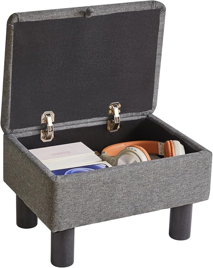Linen Small Ottoman Foot Rest, Foot Stools with Storage Small, Upholstered Rectangle Wood Ottoman with Safety Hinge Flip Top, Bed Stool for Bedroom Dorm Light Gray YD-JD1364