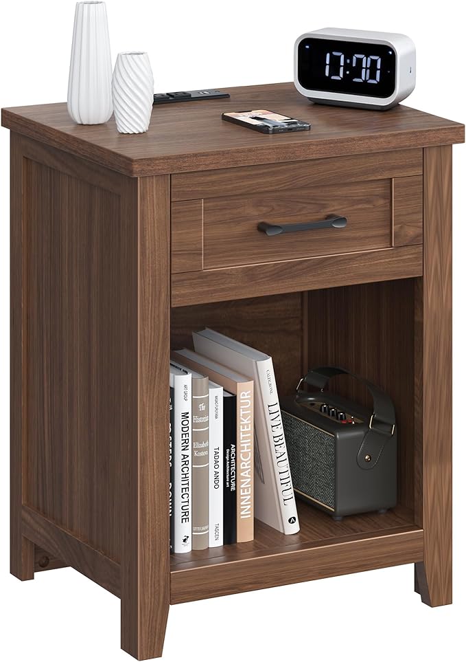Farmhouse Nightstand with Charging Station & Large Storage, Modern End Tables with Outlets, USB Ports and Type-C Ports, Easy Assembly for Bedroom (Walnut)