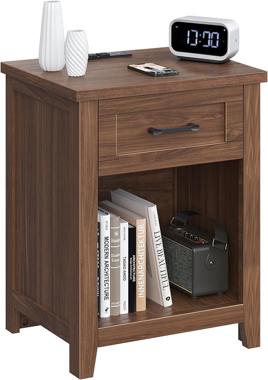 Farmhouse Nightstand with Charging Station & Large Storage, Modern End Tables with Outlets, USB Ports and Type-C Ports, Easy Assembly for Bedroom (Walnut)