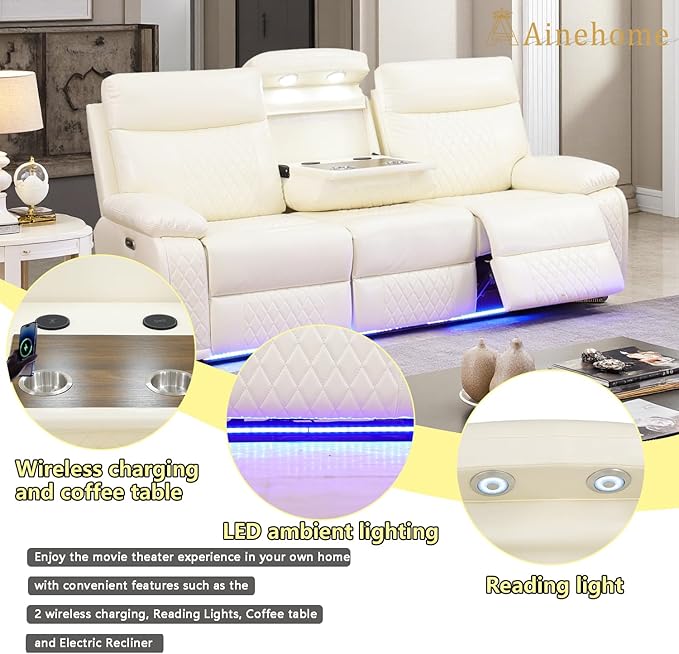 A Ainehome Power Recliner Sofa Couch with LED, Breathing Leather Reclining Couches, Living Room Furniture Sets, Recliner Furniture with Coffee Table/Cup Holders/Charging for Living Room