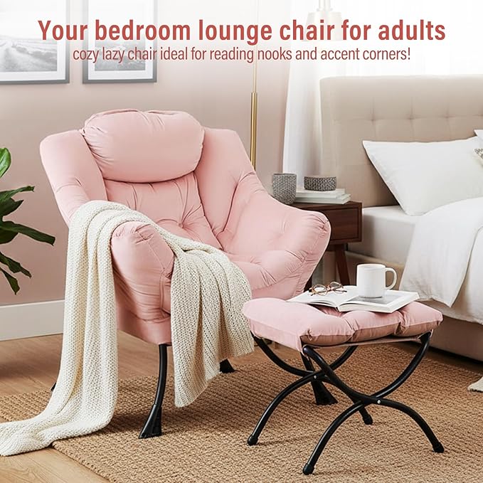 Lazy Chair with Ottoman, Modern Chair with Folding Footrest, Velvet Pink Accent Chair, Comfortable Reading Chair, Oversized Armchairs for Bedroom, Study, Living Room, Courtyard