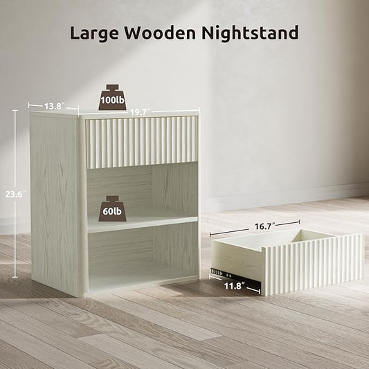 Nightstand Bedside Table Storage Drawer - Large Mid Century Modern Night Stand with Fluted Wood Storage Drawer and Open Shelf Bed Side Table for Bedroom Study Room, Ash White, Set of 1