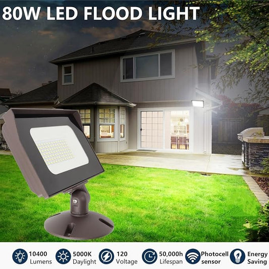 Dusk to Dawn 80W Outdoor LED Flood Light with 1/2" Knuckle Mount (Plate Included), 5000K 10400LM 120V, ETL Waterproof LED Security Flood Lighting for Sign/Flagpole/Tree/Yards/Advertising Boards