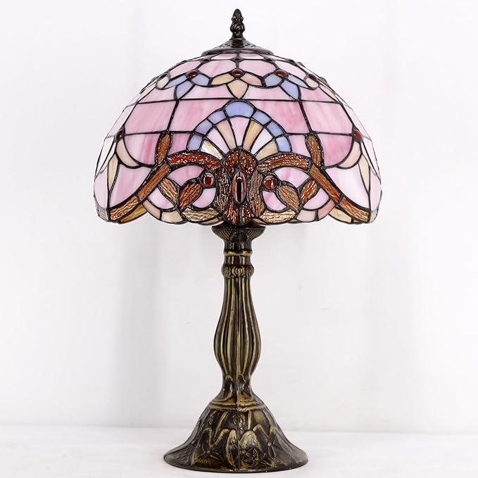 WERFACTORY Tiffany Lamp Stained Glass Table Lamp 12X12X18 Inch Pink Baroque Style Lavender Bedside Reading Desk Light Decor Bedroom Living Room Home Office S003P Series